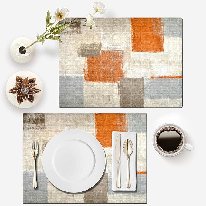 Mcalk Farmhouse Orange Table Runner and Placemats Set of 6 Pieces, Brown Placemats Modern Art,Grey Abstract Art Cloth Place Mats Indoor for Kitchen,Linen Material for Dining Table