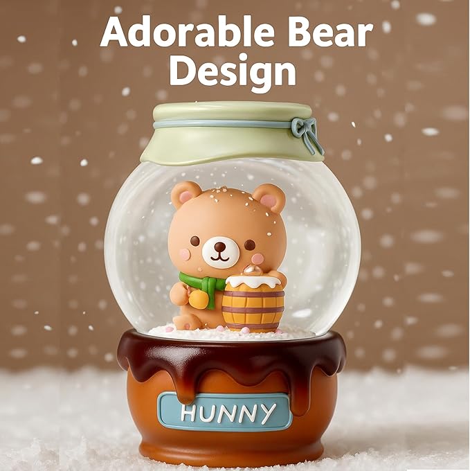 Cute Bear Snow Globe for Kids, 100MM Glass Resin Snowglobes with Honey Jar Base, Eye-Catching Collectible Gift for Girls Women, Bedroom Decor or Birthday