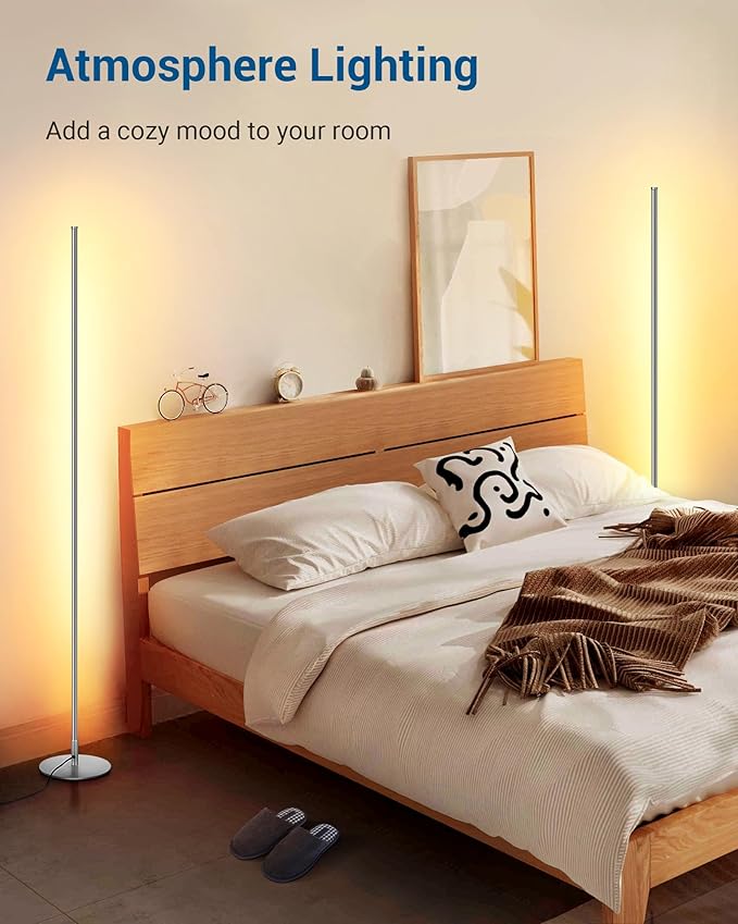 DEWENWILS Floor lamp, 1100Lumen Modern Dimmable Corner Floor Lamp with 3000K Warm Light & Foot Switch, 57.5" Tall Standing Lamp for Living Room, Bedroom, Silver