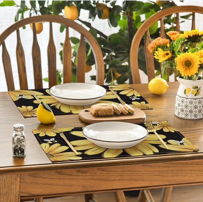 Artoid Mode Sunflower Bee Summer Placemats Set of 6, 12x18 Inch Seasonal Spring Table Mats for Party Kitchen Dining Decoration