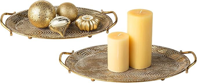 Glitzhome Set of 2 Vintage Gold Decorative Trays with Handles, Metal Large Oval Jewelry Decorative Trays, Bathroom Dresser Vanity Trays