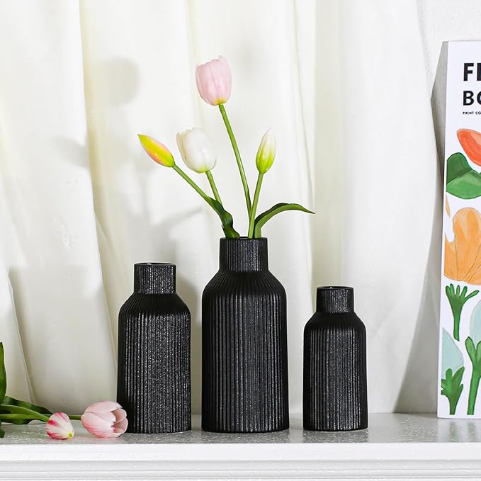 Black Ceramic Flower Vase Set of 3, Pampas Grass Small Vase for Dining Table, Shelf Decor, Mantel, Entry Decor and Centerpieces, Minimalist Modern, Bohemian