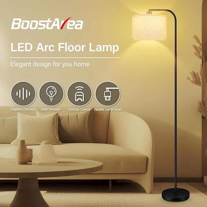 BoostArea Dimmable Floor Lamp for Living Room,Arc Sofa Lamps with Remote Control,Stepless Dimmable & Colors Temperature,2700k-6500k,67 in,Tall Modern Standing Lamp for Bedroom Study Room Office,White