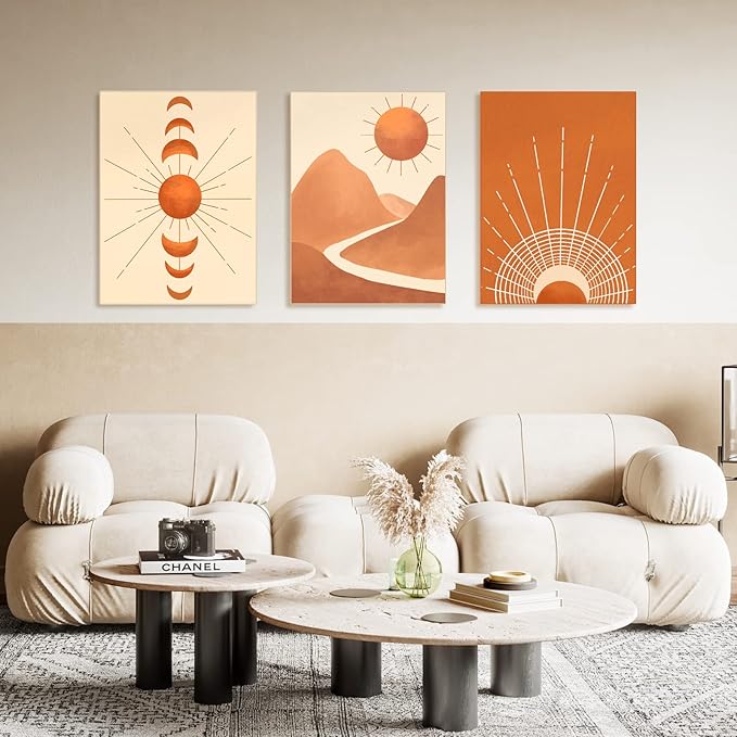 Boho Wall Art Painting Set of 3 Mid Century Modern Wall Decor Framed Canvas Print 12"x16" Minimalist Wall Art Geometric Abstract Modern Neutral Boho Wall Art Decor for Living Room Bathroom