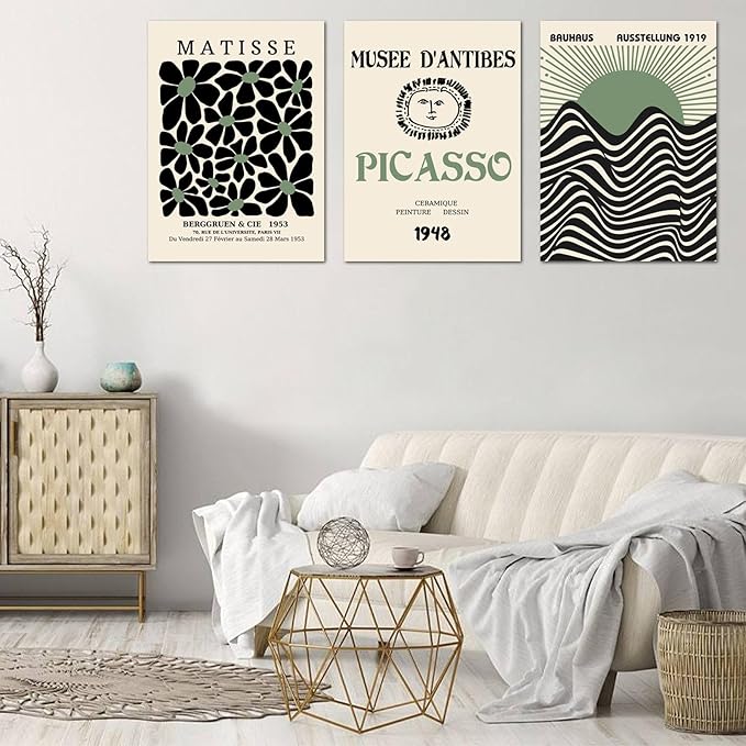 Sage Green Wall Posters & Prints, Green Matisse Wall Art Set of 3, Abstract Matisse Framed Wall Art Decor, Minimalist Geometric Line Green Canvas Artwork Paintings for Living Room, Bedroom, Office