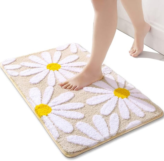 QJHOMO Beige Bathroom Rugs Cute Daisy Bath Mat White and Yellow Flower Decor Rug Non Slip Floor Carpet Microfiber Bathmat Super Absorbent Machine Washable Bathtub Mats for Shower (16x24 inch)