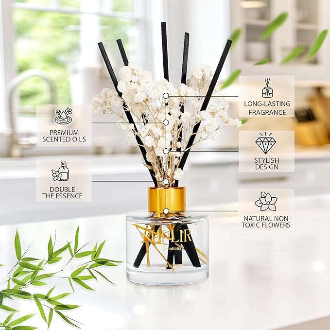 Flower Reed Diffusers for Home with 1 Bamboo Double Essential Oil, 3.4 oz (100ml) - Elegant Reed Diffuser Set with 5 Sticks for Home Decor, Bathroom, Any Room, Housewarming Gift