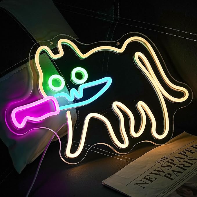Cat Neon Sign for Wall Decor Knife Neon Light Cautiously Cat LED Neon Sign White LED Neon Light for Bedroom Zoo Cat Cafe Cat House Store Home Men Cave Home Bar Decoration(16.9"*12.4")