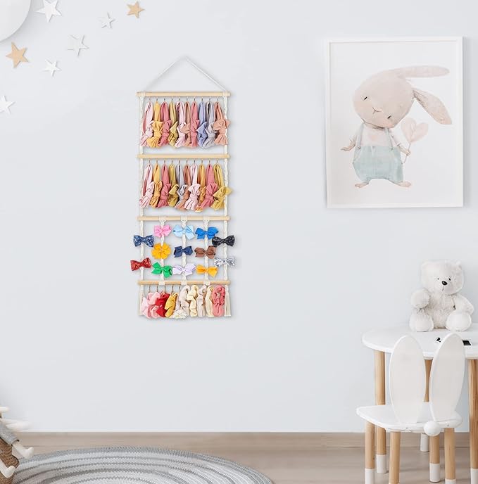 Dahey Headband Holder Bow Hanger for Girls Hair Bows, Macrame Headbands Hair Accessories Hanger Necklace Display with 30 Hooks Wall Hanging Over Door Organizer Boho Nursery Decor for Baby's Room