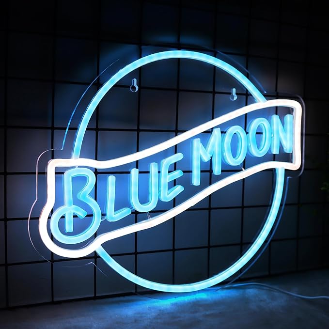 JFLLamp Blue Moon Neon Signs for Wall Decor Neon Lights for Bedroom Led Signs Suitable for Man Cave Bar Pub Restaurant Christmas Birthday Party Gift 5V Usb Power, 14 * 12.2 Inch(Azure+White)