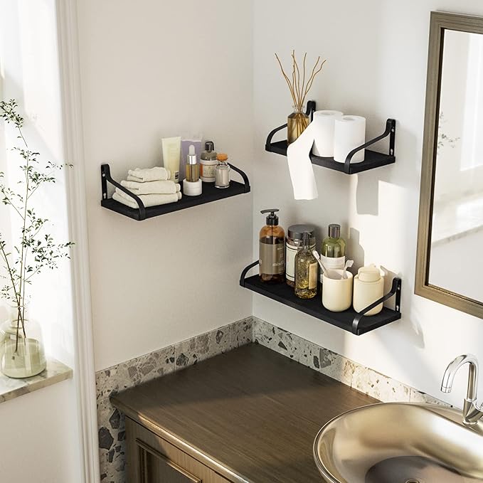 Love-KANKEI Floating Shelves Wall Mounted Set of 3, Large Wood Wall Shelves for Storage, Rustic Shelves for Display Bathroom,Bedroom,Living Room,Kitchen,Office and More Black