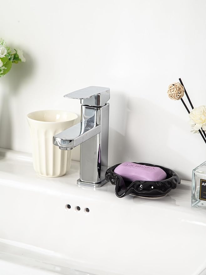 Ceramic Soap Dishes with Drain Spout, Modern Bathroom Countertop Soap Holder, Porcelain Soap Tray for Sink, Black.