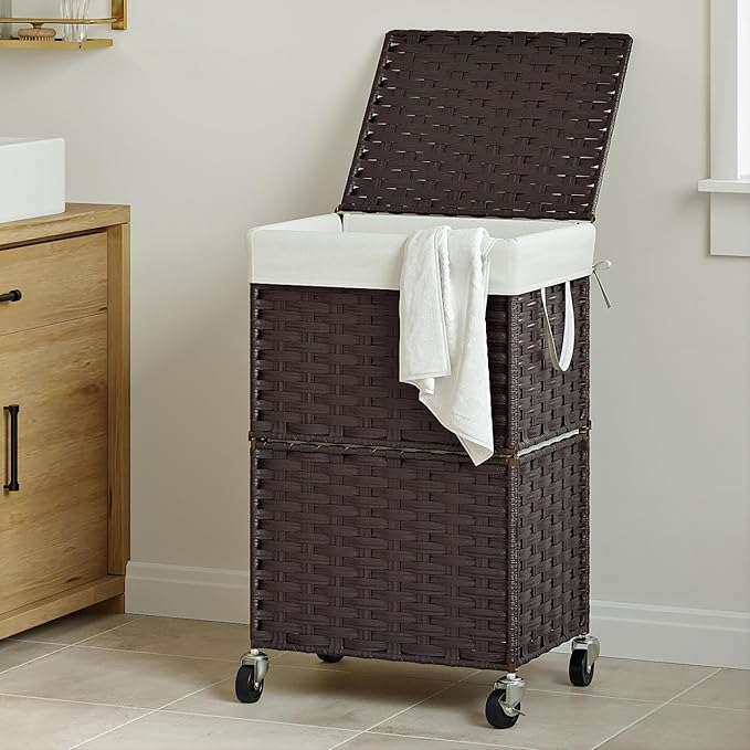 Chrislley 90L Slim Laundry Hamper with Wheels,Rolling Laundry Basket with Lid and Renovable Liner Bag,Handwoven Rattan Organizer for bedroom, bathroom, laundry room (Brown)
