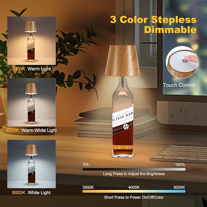 Wireless Bottle Lamp,2025 New 3 Color Rechargeable Wine Bottle Lights for Bars Restaurants (Original Wood Color)