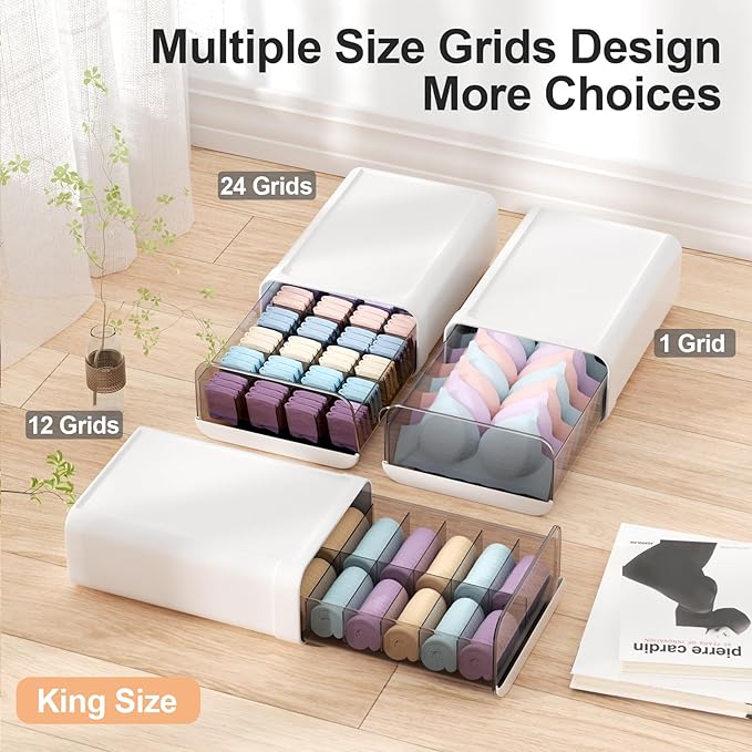 Underwear Organizer Drawer, 1 Cell Plastic Sock Underwear Storage Drawer, Stackable Closet Organizers and Storage Box for Bras, Socks, Scarves, Ties, Belt (King Size-White, 1 Pcs)