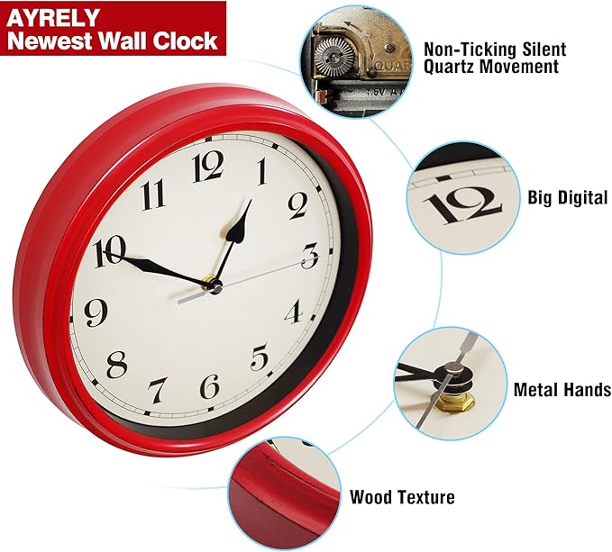 AYRELY® Decorative Vintage Wall Clock - 11Inch Silent Non-Ticking Clocks Battery Operated - Classic Decor for Living Room, Farmhouse, Kitchen, Bedroom, Bathroom (Red)