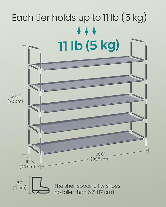 SONGMICS 5-Tier Shoe Rack, Shoe Storage for Hallway Closet, Slim and Space-Saving, Metal Frame, Non-Woven Fabric Shelves, Grey ULSH055G01V1