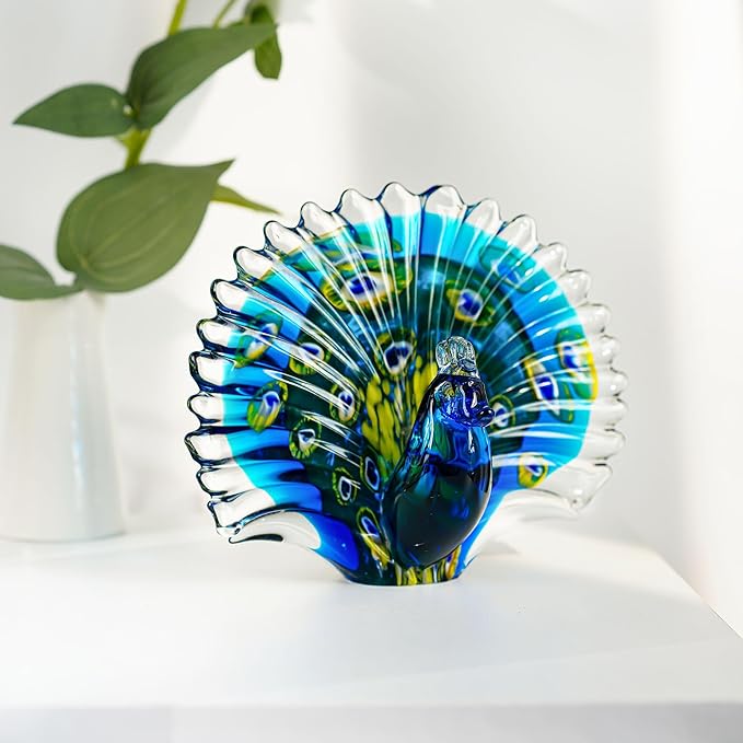 Crystalsuncatcher Hand Blown Colorful Peacock Art Glass Table Top Sculpture Room Decor (Peacock)
