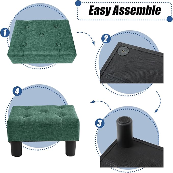 BRIAN & DANY Small Foot Stool, Linen Foot Stools with Legs, Stable Small Footstool for Living Room, Green