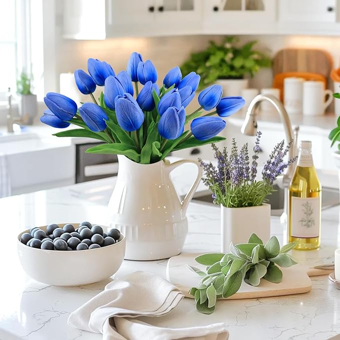 Beferr 18pcs Tulips Artificial Flowers Faux Tulip Real Touch Fake Flowers Bouquets Arrangements for Mothers Day Easter Spring Flowers Gifts Home Table Decor Blue