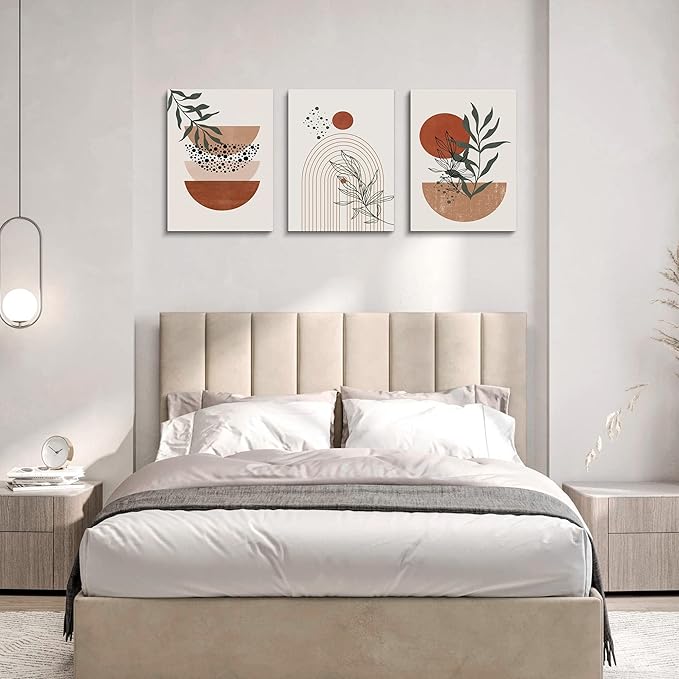 Boho Wall Art Prints, Boho Wall Decor, Abstract Geometric Prints Black Beige Terracotta Minimalist Art, Natural Framed Canvas Prints Artwork For Living Room Bathroom Bedroom Wall Decor