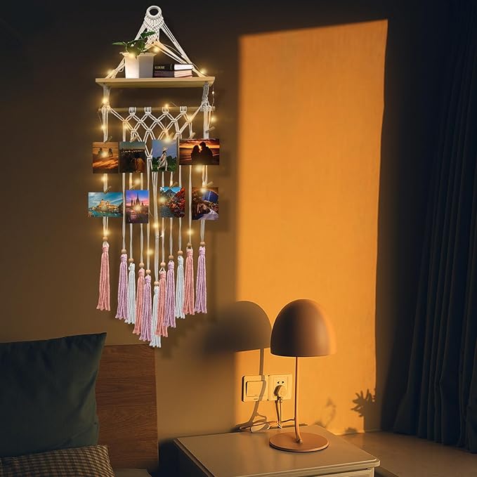 Macrame Wall Hanging Bohemian Photo Display Holder with Wooden Shelf Tassels Decorative LED Light Strings Hooks 20 Clips Boho Art Picture Card Hangers Handmade Tapestry Romantic Gift - Pink