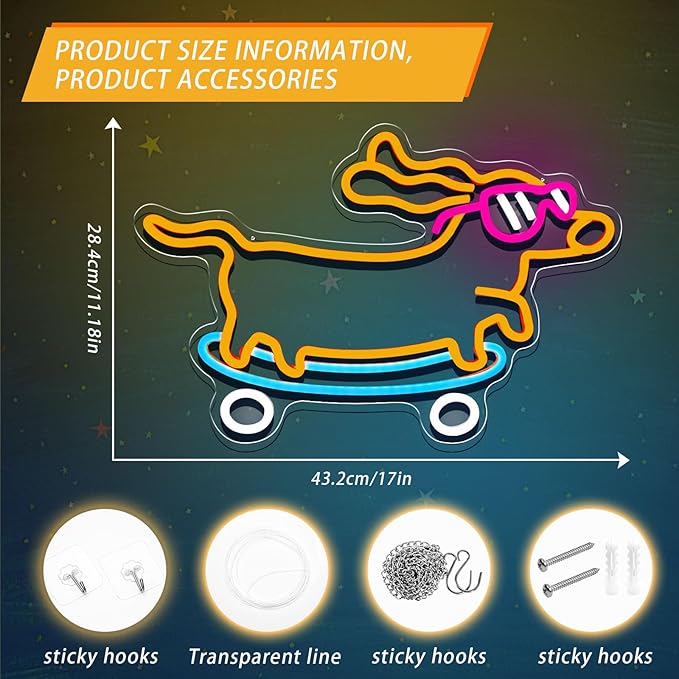 Dachshund Neon Sign Dimmable Led Skateboard Dog Neon Sign With Glasses Led Light Sign for Pet Shop Animal Bedroom Decor Art Wall Decor Gift for Pet Dog Lover Funny