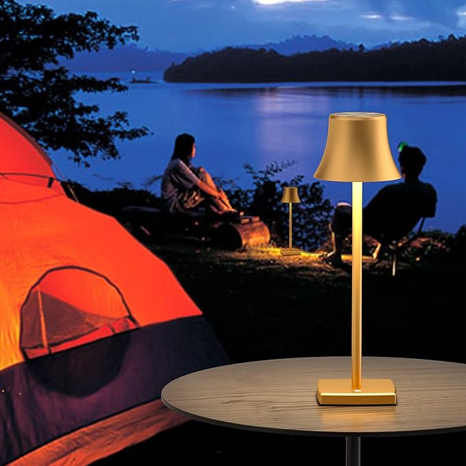 2 Pack LED Cordless Table Lamps Rechargeable,5000mAh Battery Operated Table Light,3 Color Stepless Dimming,Portable Small Desk Lamp in Aluminum for Party Patio Restaurant Indoor/Outdoor(Gold)