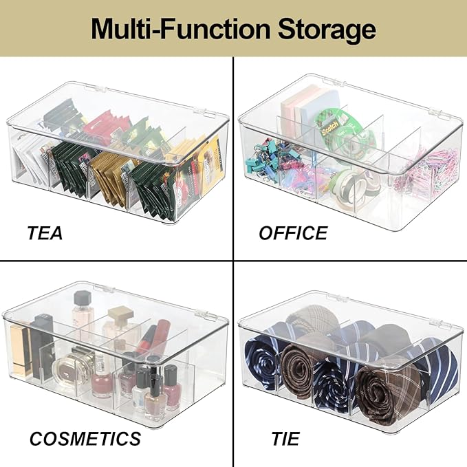 Clear Tea Bag Organizer, Dresser Organizers Drawer Organzier Storage Container with Removable Dividers, Plastic Storage Bin with Lid, Organizer for Scarves Ties Bras