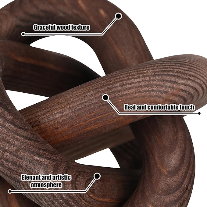 Yalikop 3 Link Wood Knot Decor - Hand Carved Coffee Table Decoration, Boho Chain Link Decor, Modern Shelf, Rustic Objects for Home Living Room Bedroom(Black Walnut)