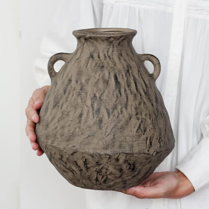 Ceramic Rustic Farmhouse Flower Vase with 2 Handles, 10.6 Inch Tan Brown Vintage Clay Terracotta Pottery Texture Handmade Vase,Wabi Sabi Home Living Room Table Decor,Gift for Women Girls