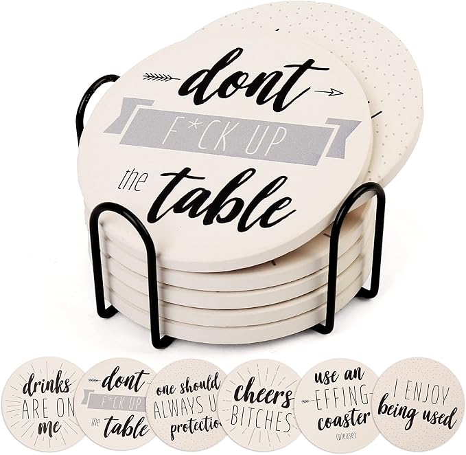 LotFancy 6PCS Ceramic Coasters with Cork Base, Round Coasters with 6 Humorous Sayings, Non-Slip, Bar Room Decor, Housewarming Gift