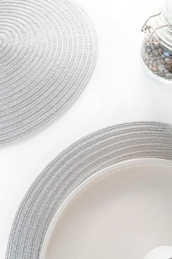Floroom 15 Inch Round Braided Placemats Set of 6, Washable Heat Resistant Cotton Polyester Circle Place Mats for Kitchen Dining Table - Shimmer Silver