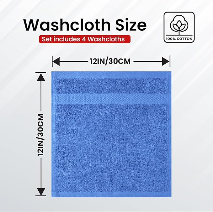 Infinitee Xclusives Premium 100% Cotton Wash Cloths for Showering - Pack of 4, (12x12) Inches - Highly Absorbent, Soft Face Towels, Washcloths Perfect for Bathroom, Hotel, Gym | Eloquent Blue |