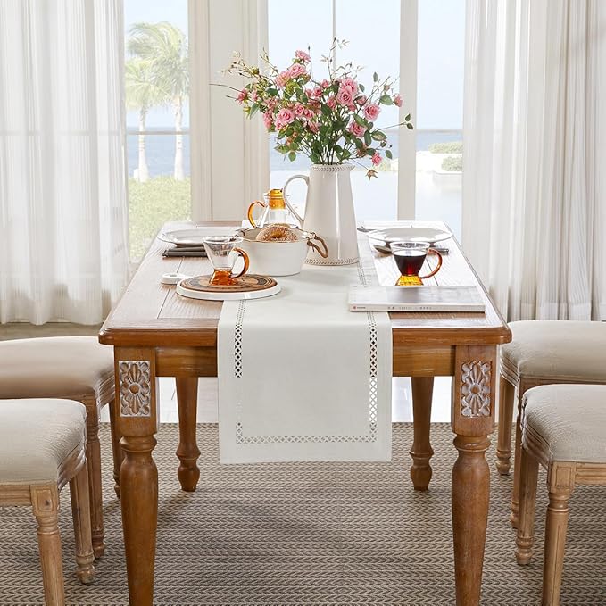 Burlap Style Farmhouse Table Runner, 13 x 60 Inch Off White, Rustic Geometric Hollow Table Runners 60 Inches Long for Dresser Table Everyday Use, 13x60 Inches, Off White