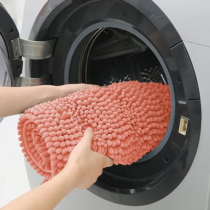 ACCUMTEK Striped Coral Toilet Bathroom Rug Mat 24" x 20" Contour Rug Ultra Soft, Non Slip Chenille Bath Rugs, Absorbent Plush Shaggy Bath Mats for Bathroom, Bedroom, Kitchen, Shower, Tub