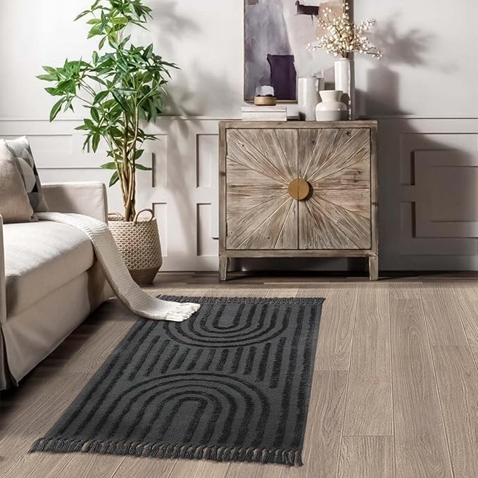 LEEVAN Indoor Door Mats for Entryway 3X5, Washable Rainbow Kitchen Rug, Woven Nursery Rug with Tassel, Boho Tufted Bedroom, Cute Dorm Mat for Classroom/Porch/Living, Dark Grey
