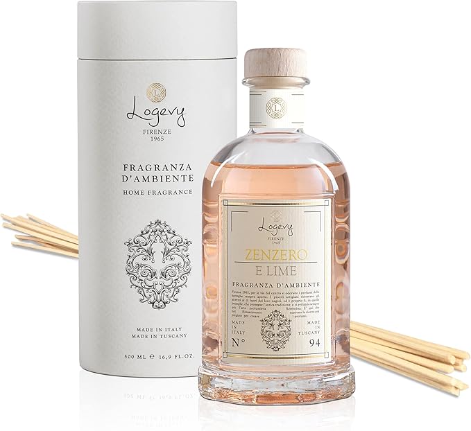 Logevy Firenze 1965 Zenzero e Lime – Ginger & Lime Luxury Home Fragrance Diffuser from Master Perfumer with Spicy, Floral & Fruity Notes in Elegant Glass Bottle with 12 Natural Bamboo Reeds – 500ml