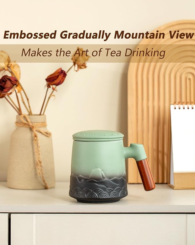 ZENS Tea Mug with Infuser and Lid for Loose Leaf Tea Steeper, 16.9 oz Embossed Ceramic Tea Cup with Fine Strainersand Wood Handle,Tea Diffusers Accessories for Tea Lovers Gifts