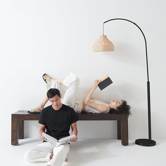 Brightech Lark Standing LED Floor Lamp for Bedroom, Living Room, Office - Modern Tall Corner Arc Lamp with Boho Hanging Rattan Shade - Bright Bedside Reading Light - Black