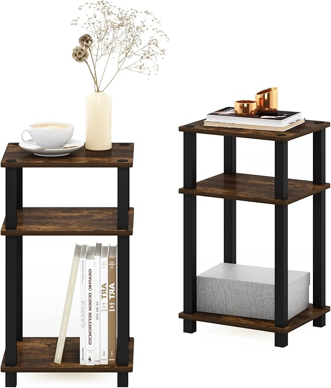 Furinno Just 3-Tier Turn-N-Tube End Table/Night Stand/Bedside Table, 2-Pack, Amber Pine/Black