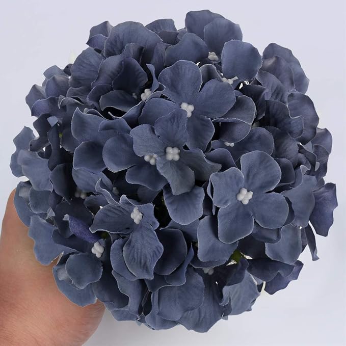 Flojery Silk Hydrangea Heads Artificial Flowers Heads with Stems for Home Wedding Decor,Pack of 10 (Dusty Blue)