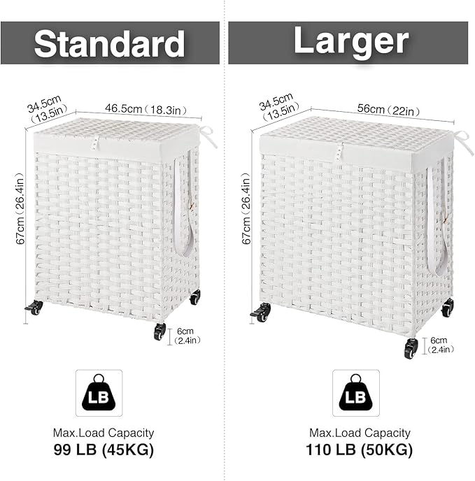 Greenstell Laundry Hamper with Wheels, No Install Needed, 110L Divided Handwoven Hampers & 2 Removable Liner Bags, Rattan Clothes Laundry Basket with Lid & Handles, Foldable Hampers White
