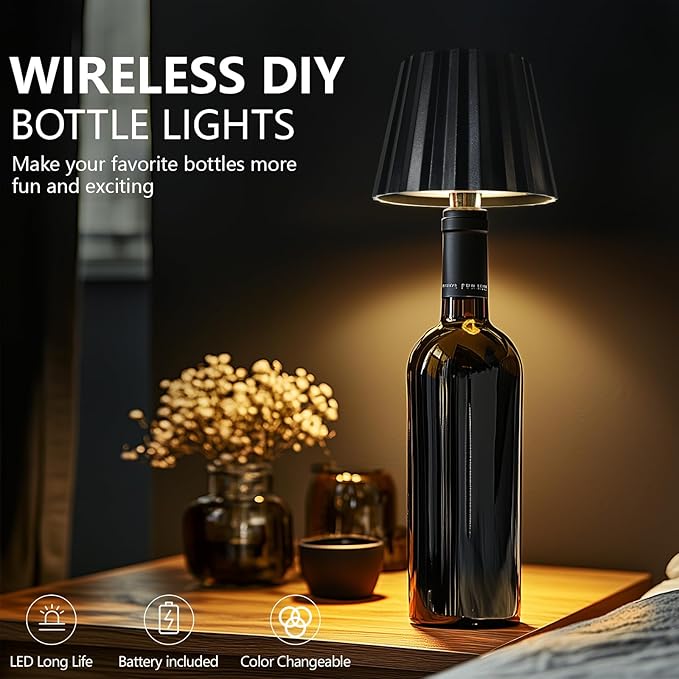 Wine Bottle Lamp, 2025 New 3 Color Rechargeable Wireless Bottle Lamp for Liquor Bottles with Touch Dimming for Parties, Restaurants & Home Decor (Black)