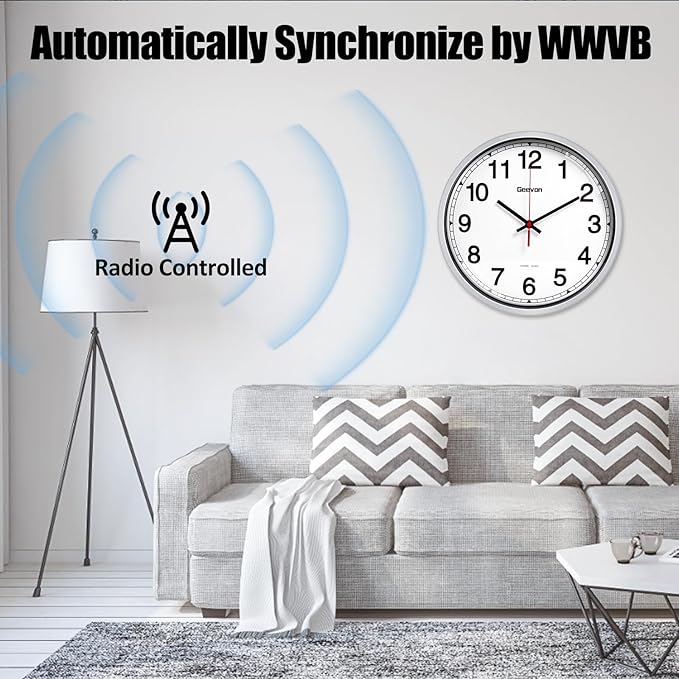 Geevon Atomic Wall Clock 14 Inch, Atomic Analog Wall Clocks Battery Operated, Large Digits Atomic Clock for/School/Classroom/Bedroom/Living Room/Office (Silver Frame)