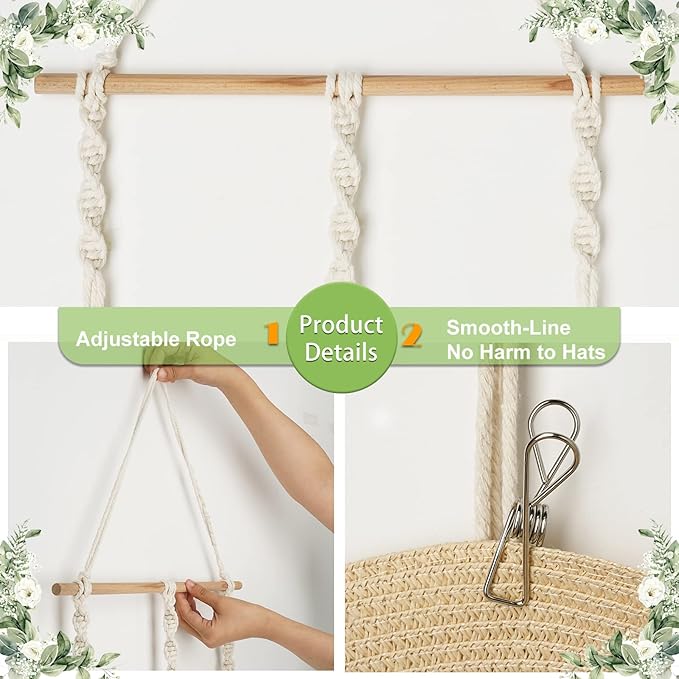 Macrame Hat Hangers for Wall Wide Brimmed Hat Holder Storage 10 Clips Hat Rack Organizer for Wall Display Boho Decor for Fedora Sun Hats Straw Panama Closet Bedroom Gifts for Mom