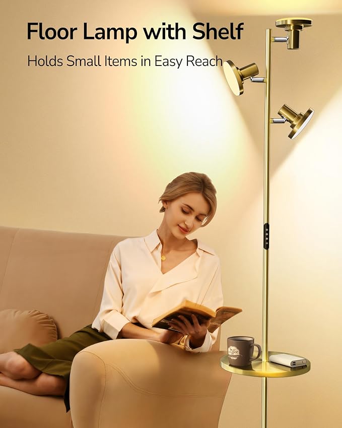 ULG Floor Lamp with Shelf 3-Light Standing Tree Lamp Independent Control Modern Decor Light Color/Intensity Changing Remote & Button Control 1200lm LED Lamp for Living Room Home Office Bedroom, Gold