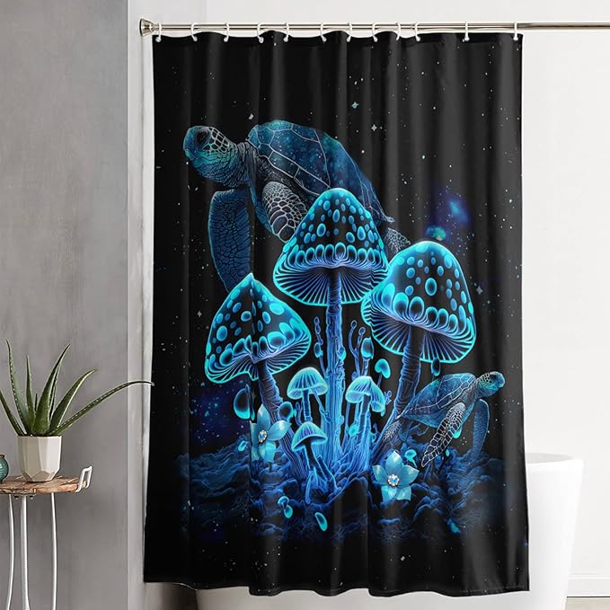 AILONEN Blue Magic Mushroom Shower Curtain,Cartoon Turtle Pattern Shower Curtain Set for Kids Girls Boys,Boho Style Bathroom Decor Shower Curtain with 12 Hooks,48" W*72" H