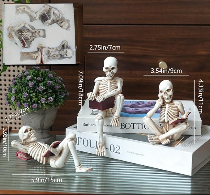 3 Psc Reading Skeleton Statue Gothic Horror Decor for Bookshelf and Desk Resin Figurine Halloween Decoration