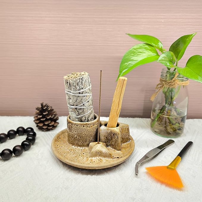 Sage and Palo Santo Holder,4 in 1 Incense Burner Holder for Sticks,Ceramic Sage Holder for Burning,Candle Holder,Ash Catcher Tray for Meditation Yoga,Speckled White
